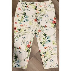 Worthington Floral Ankle Pants Slim Fit White Stretch Work Career Spring 16W